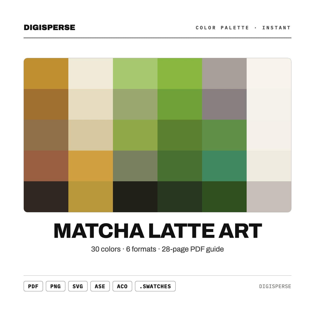 Soft Green Color Palette for Matcha Cafe Art and Cozy Kitchen Branding, 30 Latte Foam Hues, Procreate Swatches