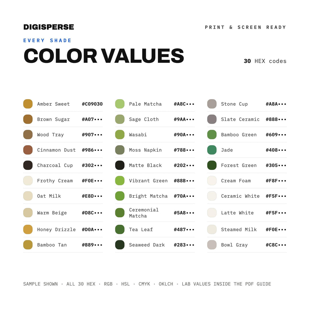 Soft Green Color Palette for Matcha Cafe Art and Cozy Kitchen Branding, 30 Latte Foam Hues, Procreate Swatches