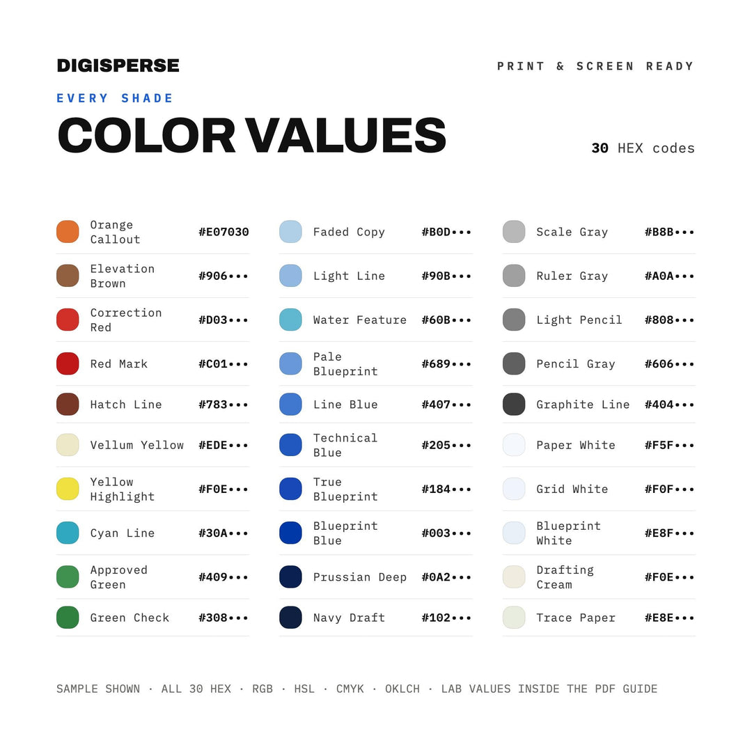 Blueprint Technical Color Palette | 30 Colors | Hex RGB CMYK | Procreate Swatches + ASE | Digital Download