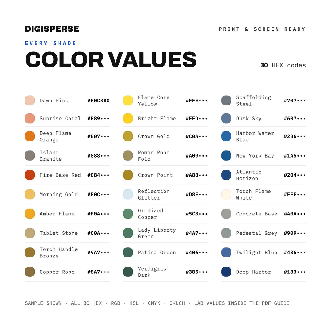 Liberty Torch Glow Color Palette | 30 Colors | Hex RGB CMYK | Procreate Swatches + ASE | Digital Download