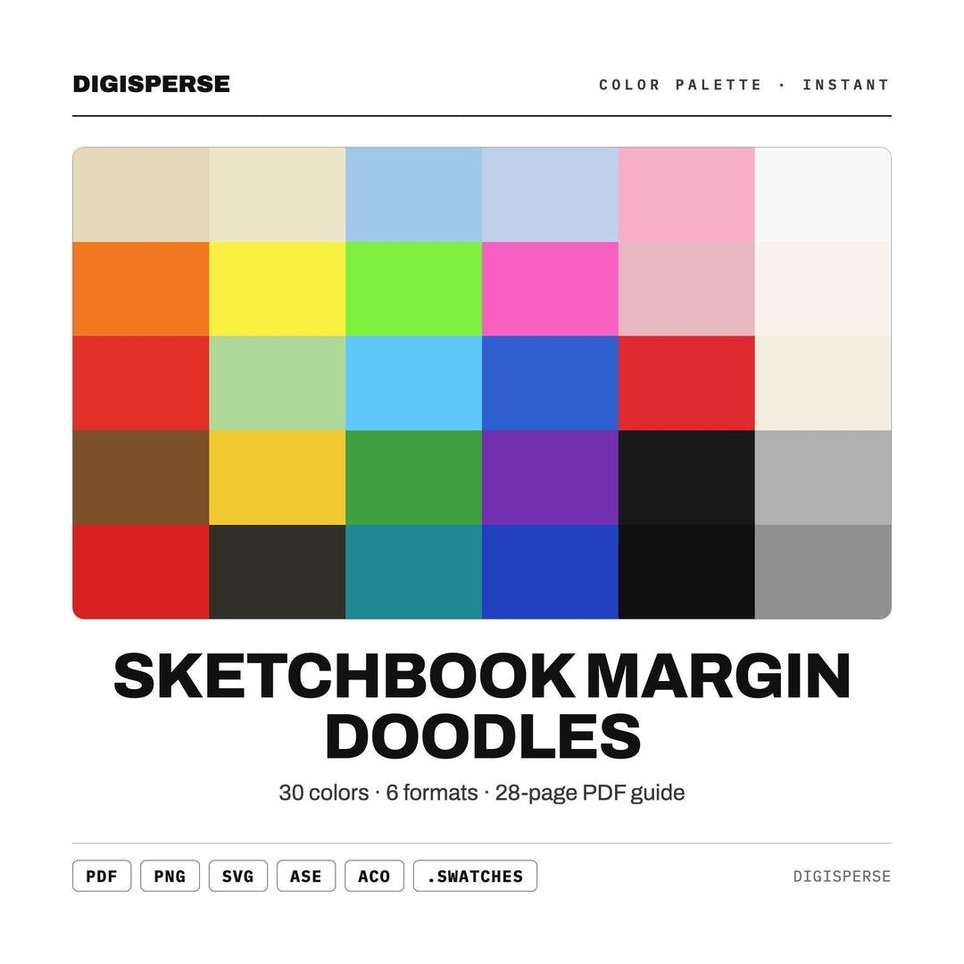 Sketchbook Margin Doodles Color Palette | 30 Colors | Hex RGB CMYK | Procreate Swatches + ASE | Digital Download