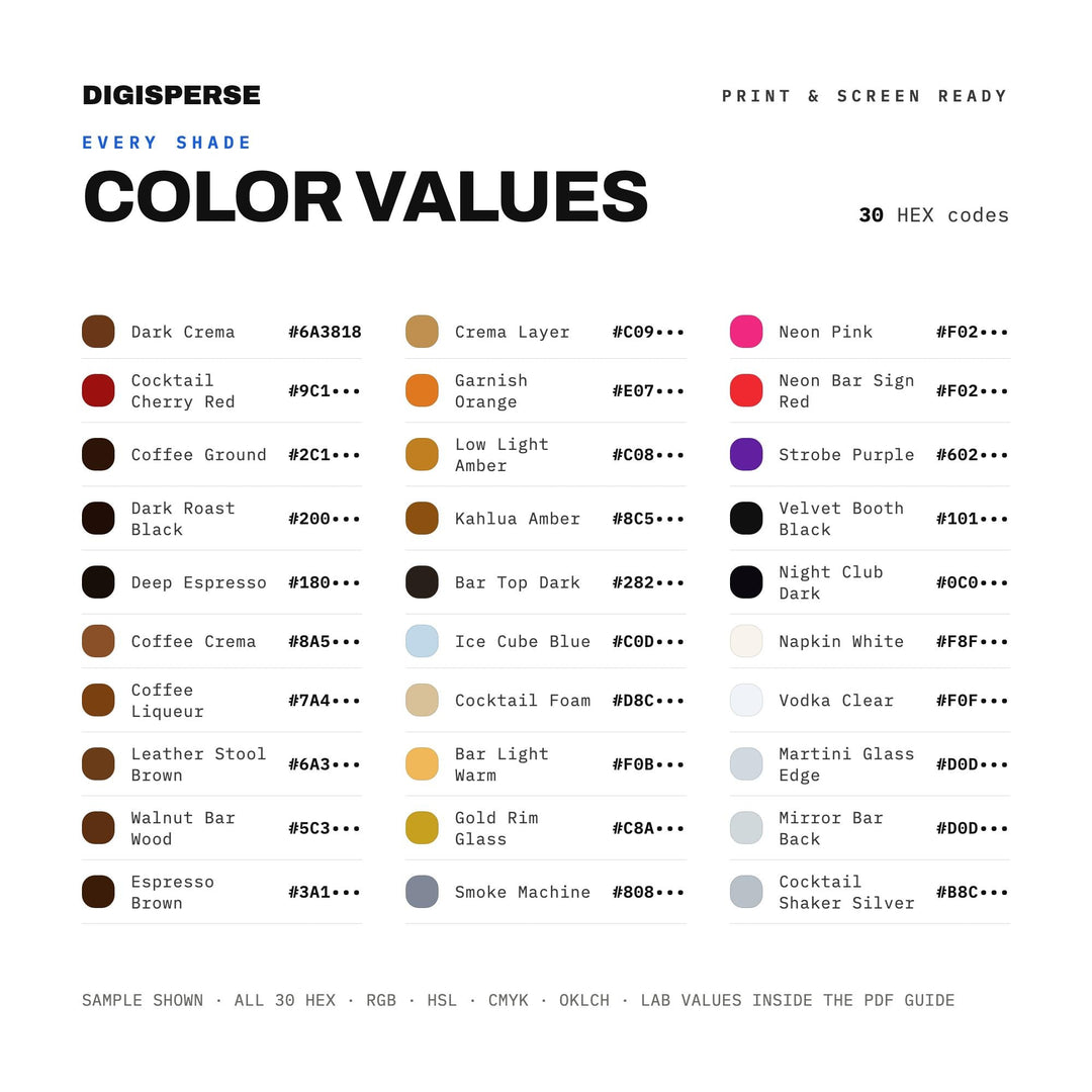 Espresso Martini Night Color Palette | 30 Colors | Hex RGB CMYK | Procreate Swatches + ASE | Digital Download