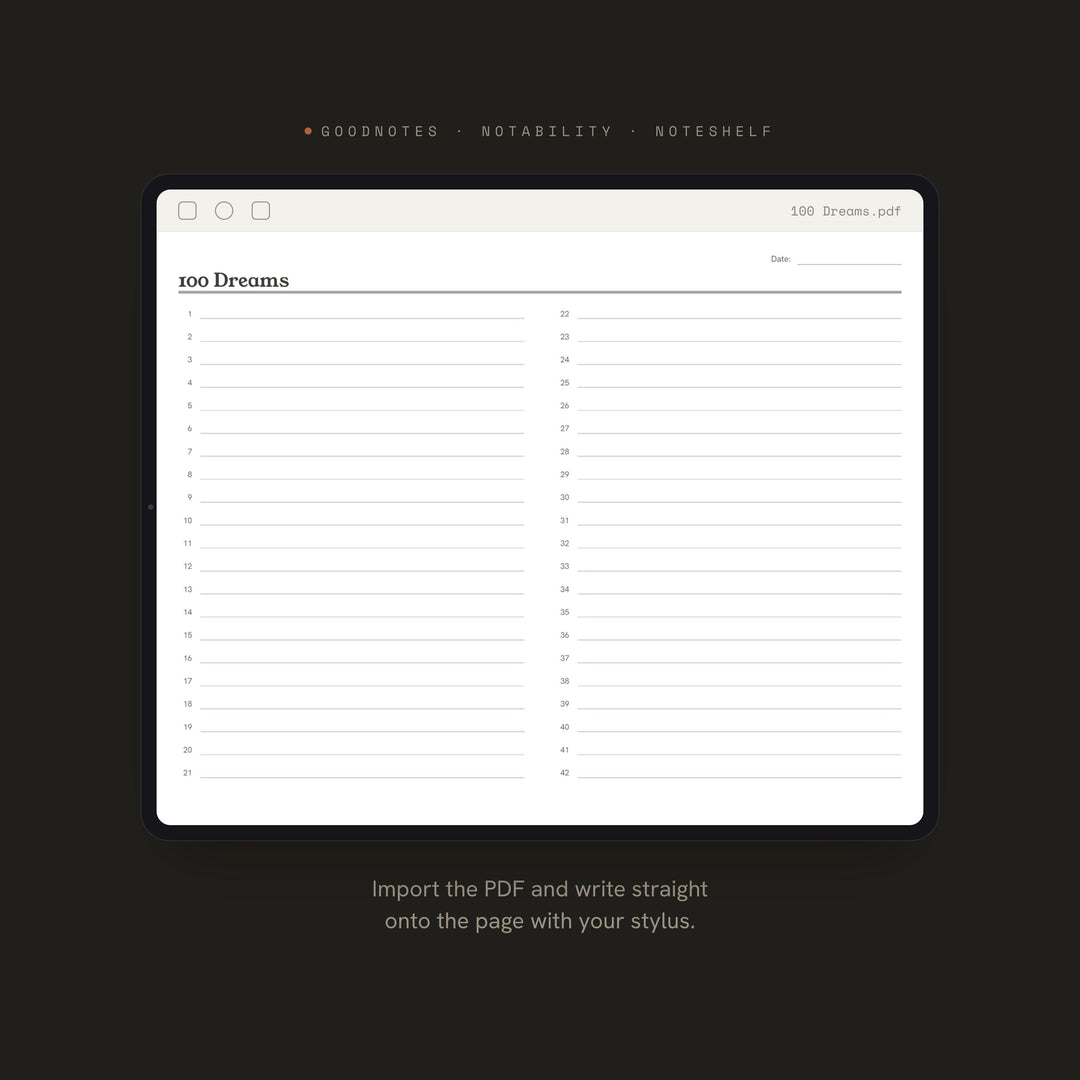 100 Dreams Planner Insert | Goal Planner | GoodNotes iPad PDF | Digital Download