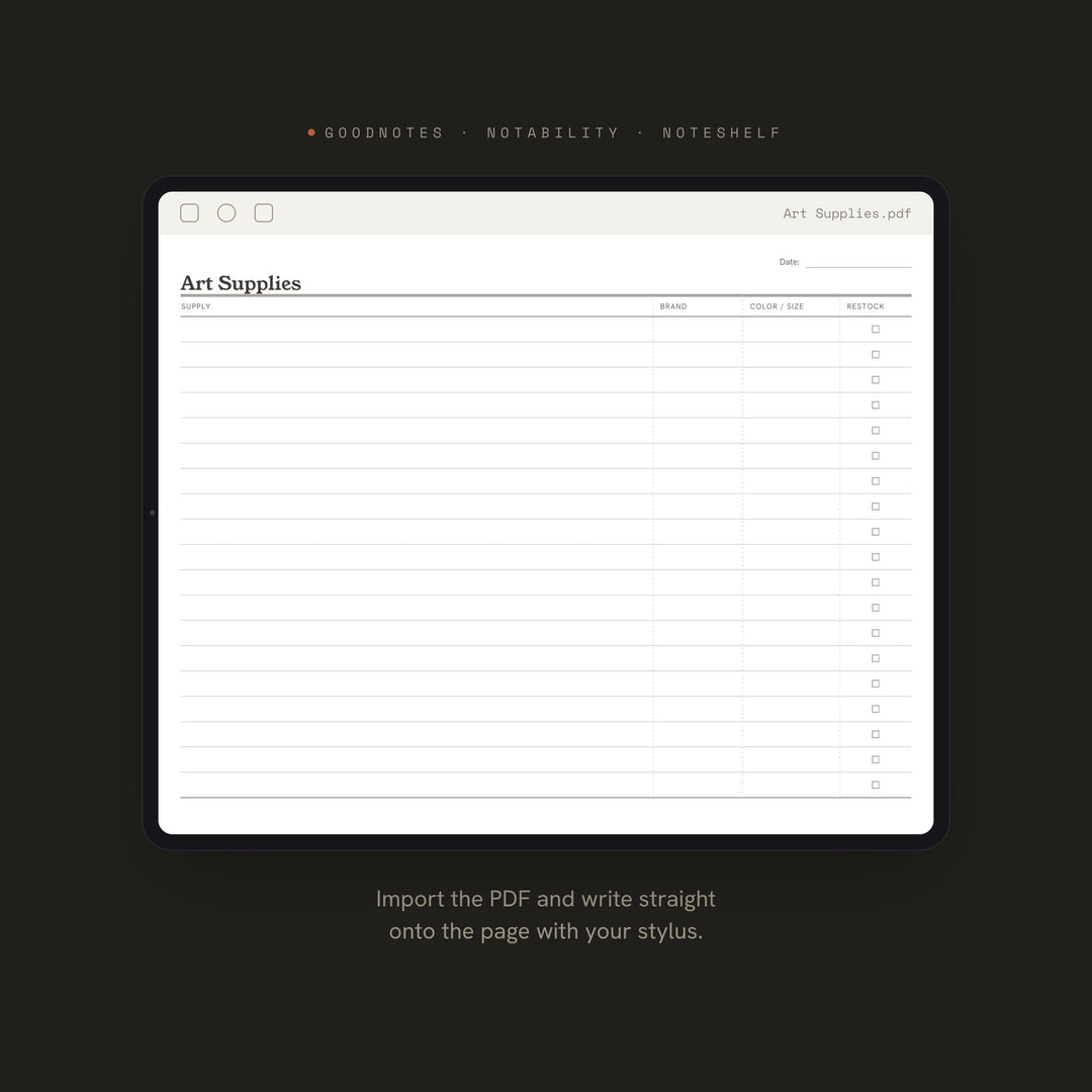 Art Supplies Planner Insert | Craft Planner | GoodNotes iPad PDF | Digital Download