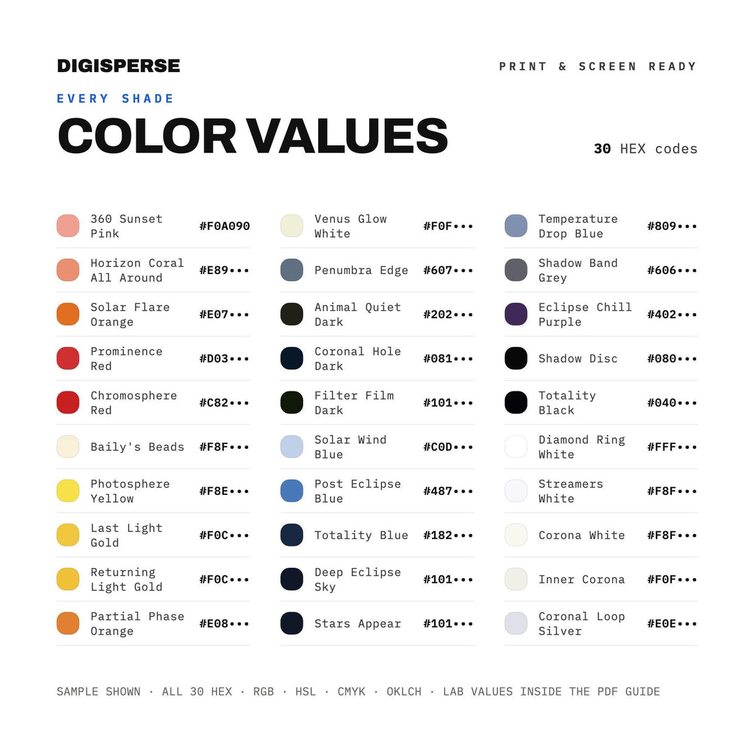 Eclipse Totality Color Palette | 30 Colors | Hex RGB CMYK | Procreate Swatches + ASE | Digital Download