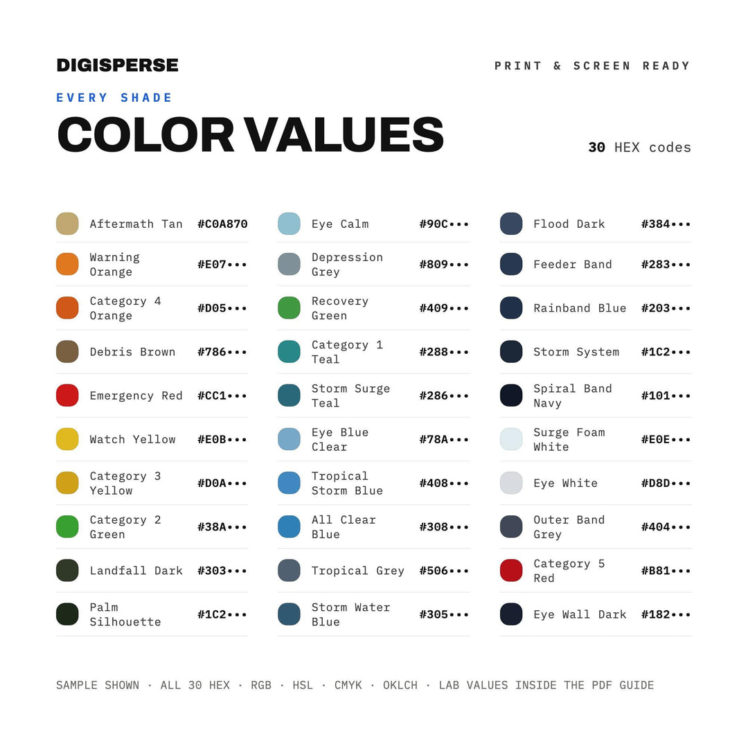 Hurricane Season Color Palette | 30 Colors | Hex RGB CMYK | Procreate Swatches + ASE | Digital Download