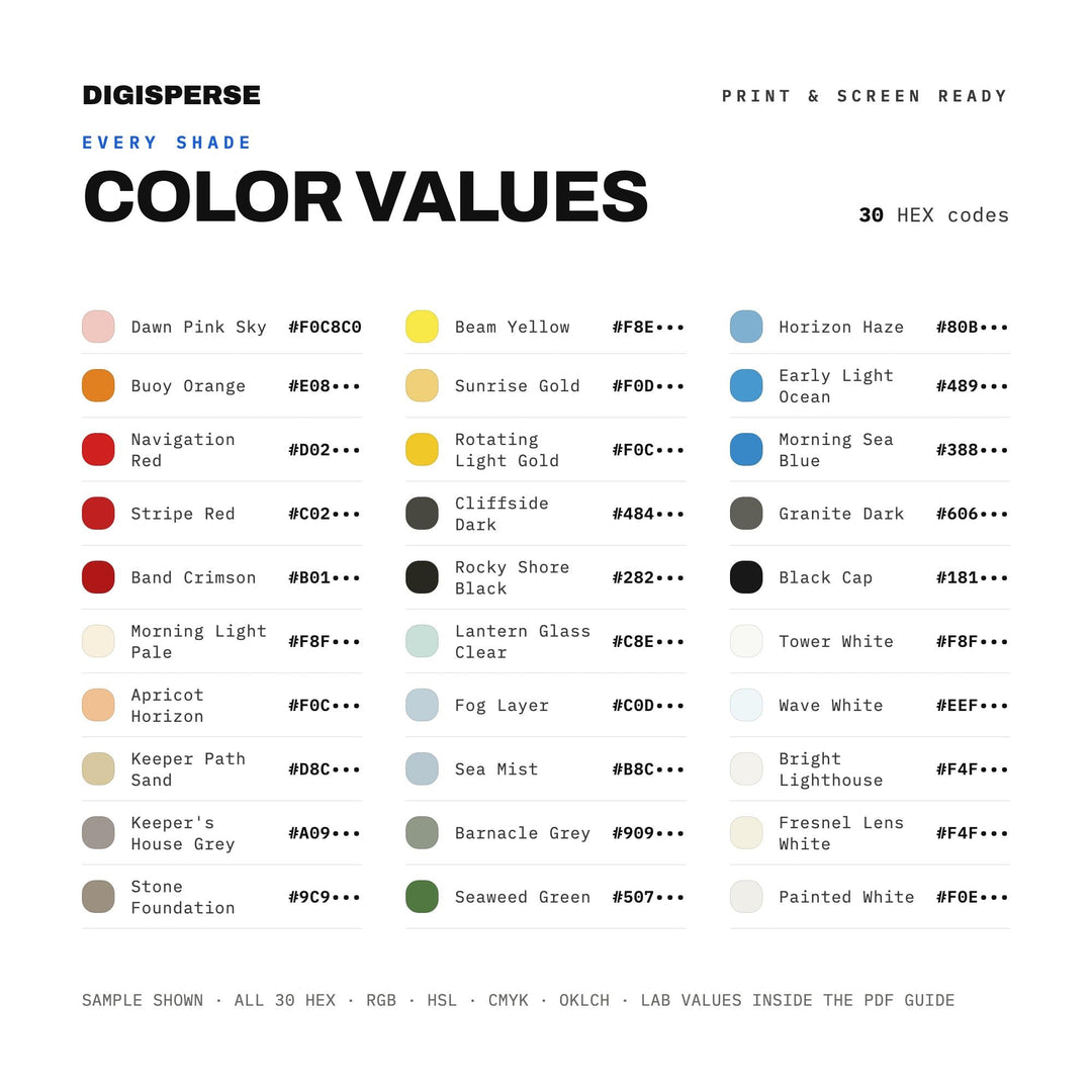 Lighthouse Morning Color Palette | 30 Colors | Hex RGB CMYK | Procreate Swatches + ASE | Digital Download