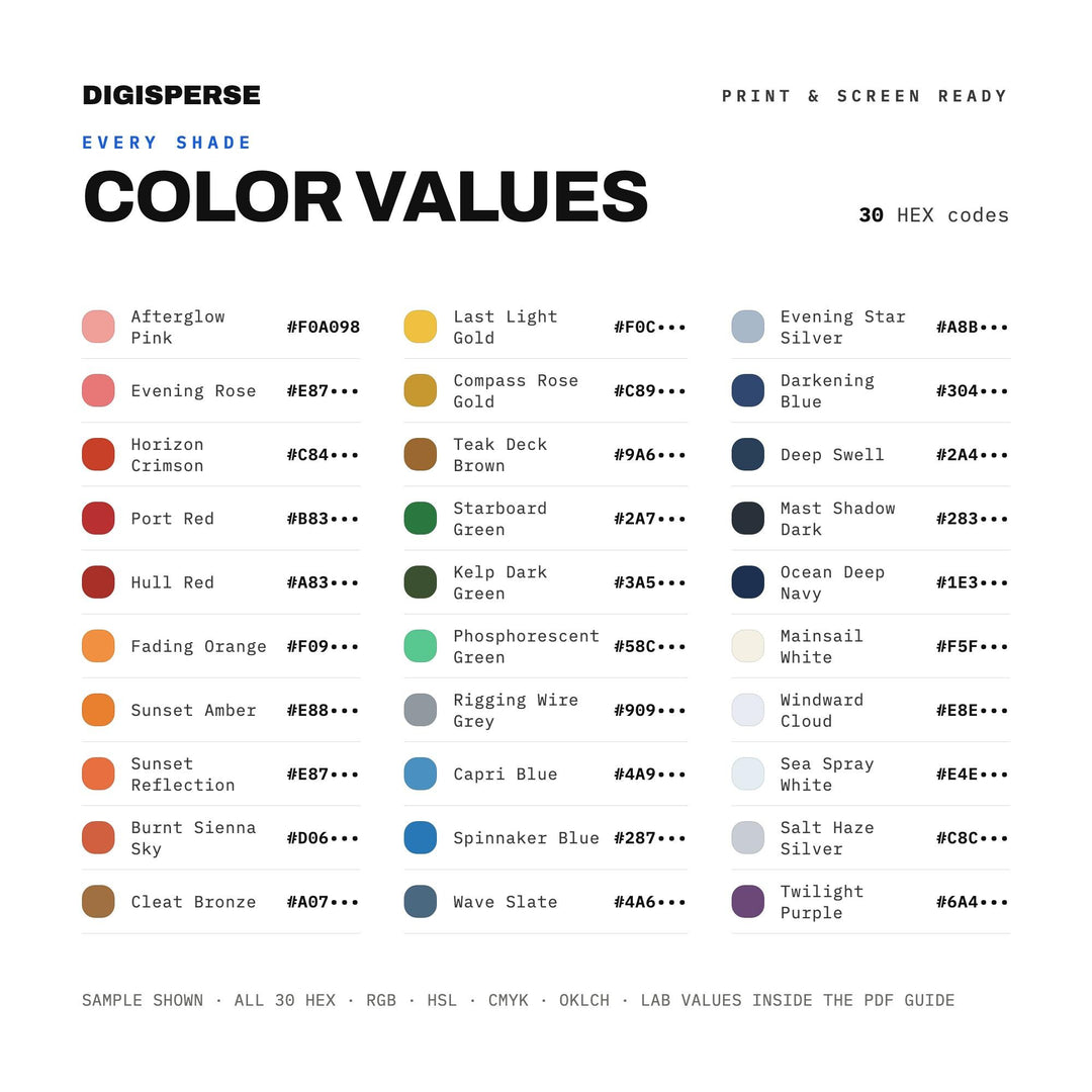 Sunset Sail Color Palette | 30 Colors | Hex RGB CMYK | Procreate Swatches + ASE | Digital Download