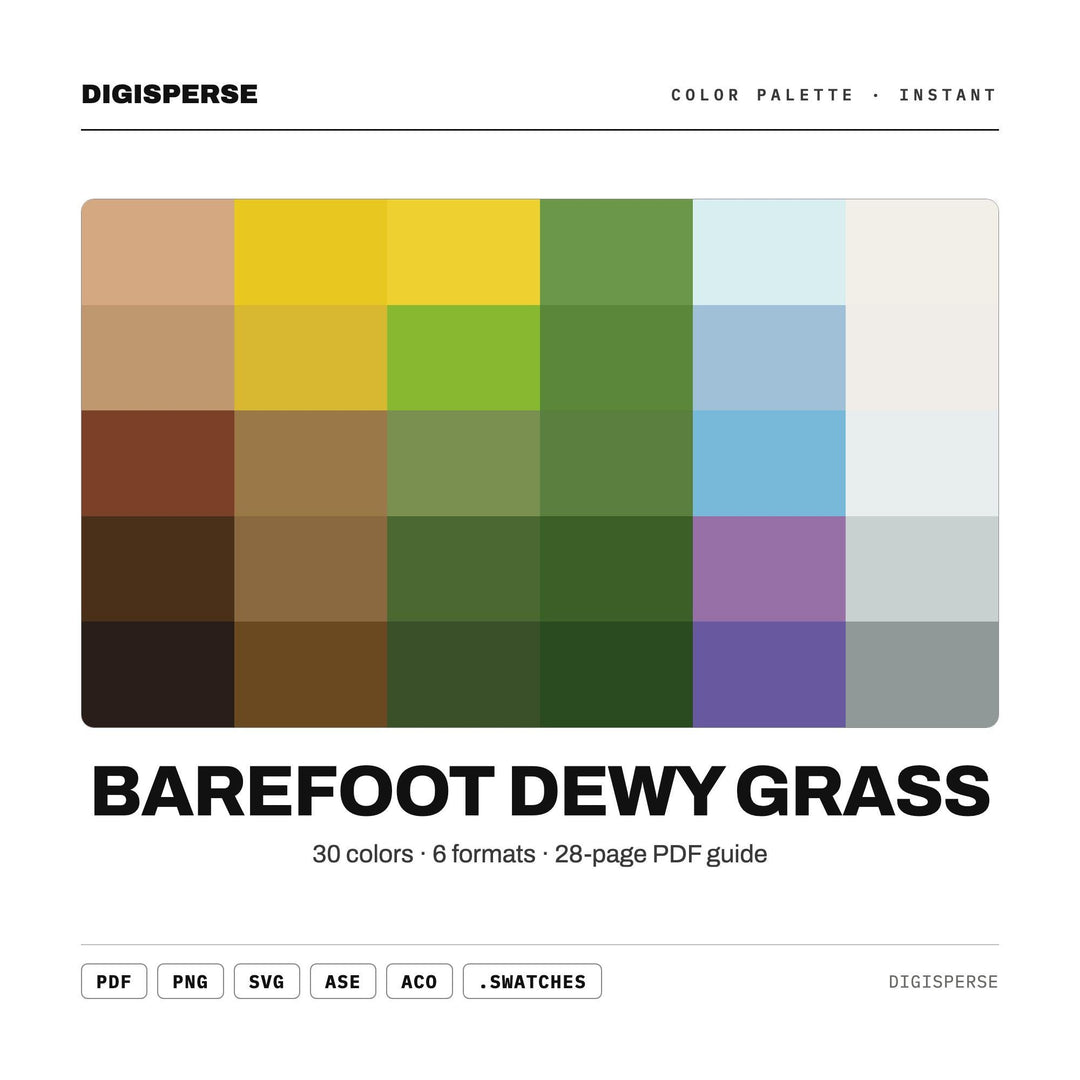 Barefoot Dewy Grass Color Palette | 30 Procreate Swatches (Digital Download - hex, rgb, cmyk, ase)