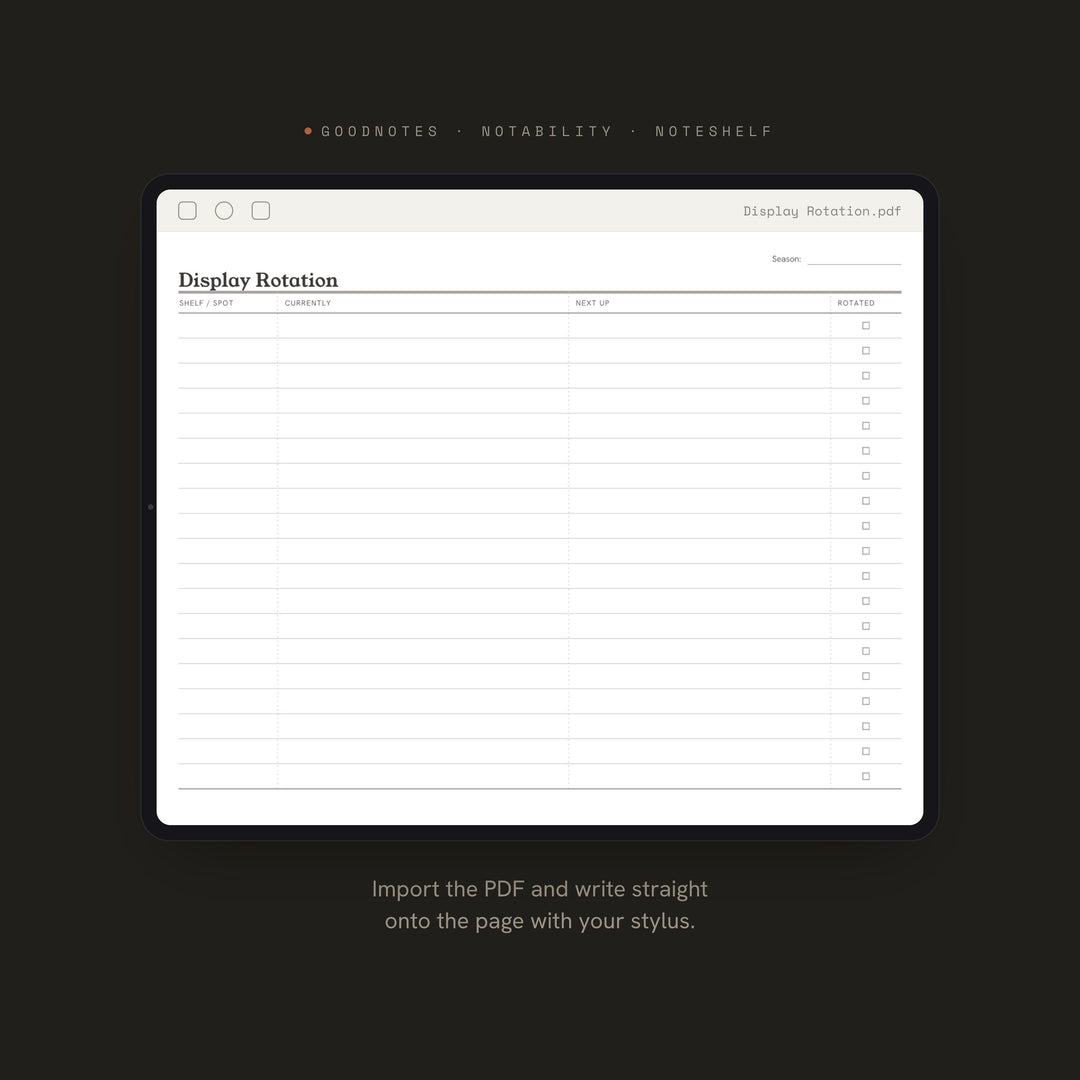 Display Rotation Planner Insert | Collection Log | GoodNotes iPad PDF | Digital Download