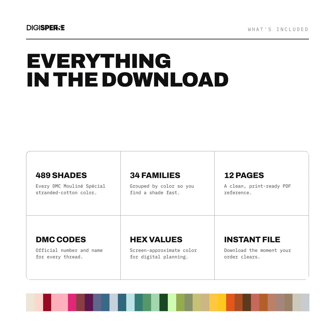 DMC Color Chart Printable | 489 Embroidery Floss Shades with Hex Codes | Cross Stitch Thread Color Guide | Instant Digital Download PDF