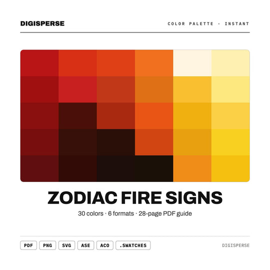Zodiac Fire Signs Color Palette | 30 Colors | Hex RGB CMYK | Procreate Swatches + ASE | Digital Download