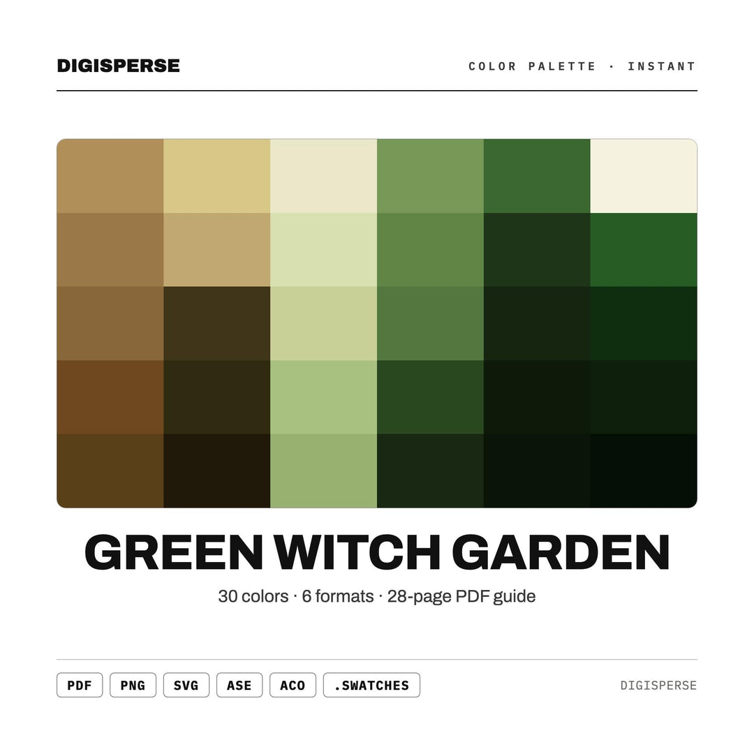 Green Witch Garden Color Palette | 30 Colors | Hex RGB CMYK | Procreate Swatches + ASE | Digital Download