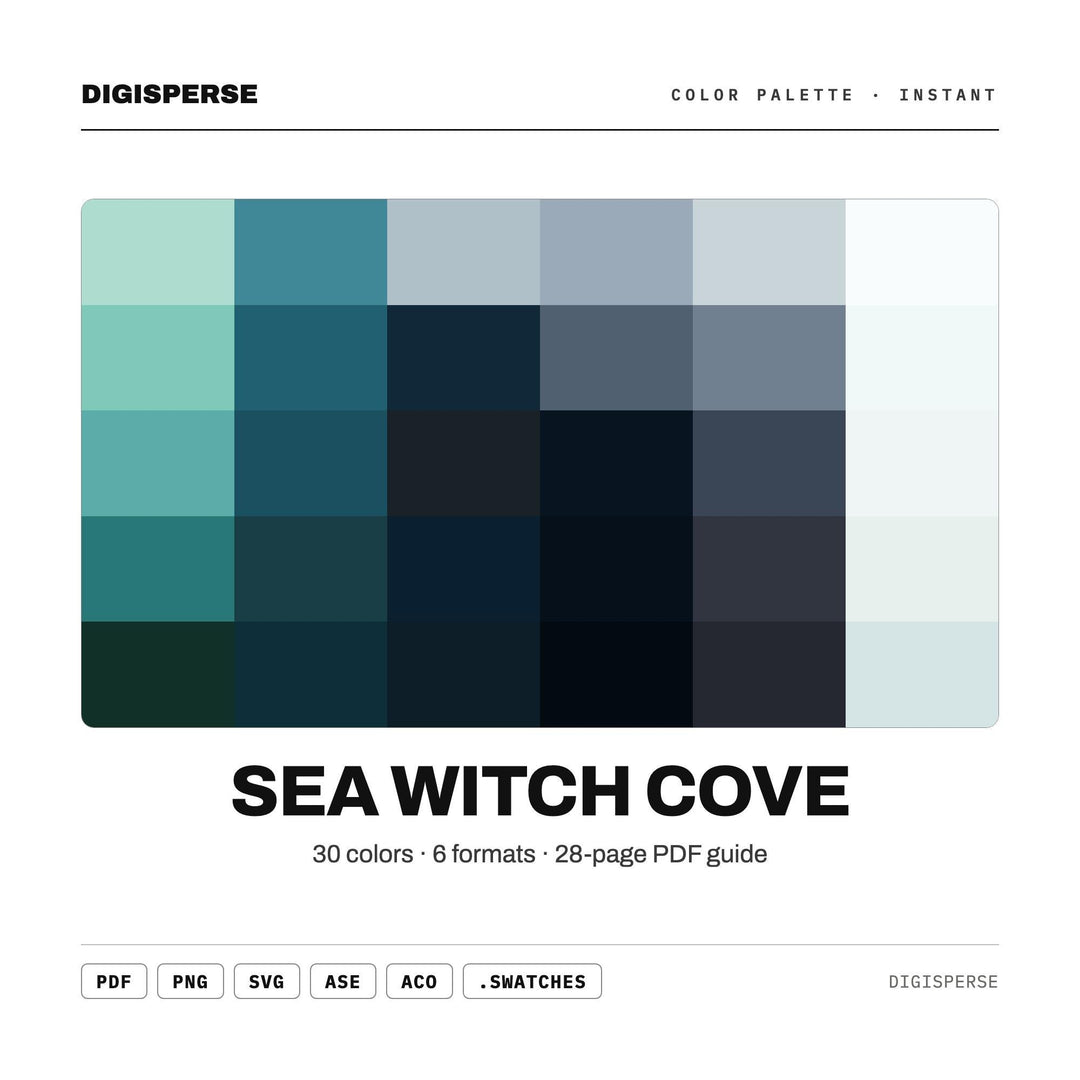 Sea Witch Cove Color Palette | 30 Colors | Hex RGB CMYK | Procreate Swatches + ASE | Digital Download