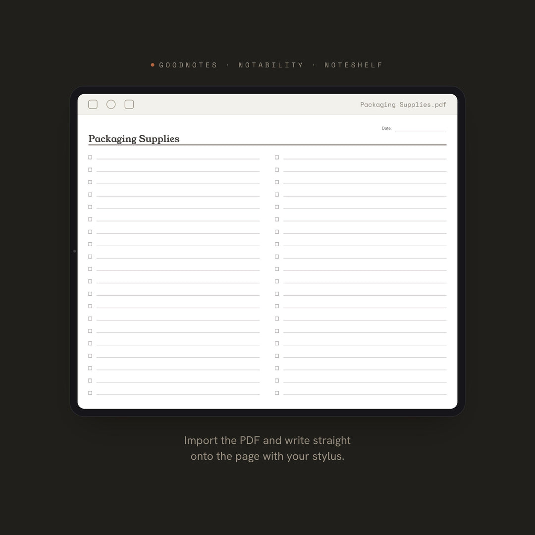 Packaging Supplies Planner Insert | Ecommerce Planner | GoodNotes iPad PDF | Digital Download