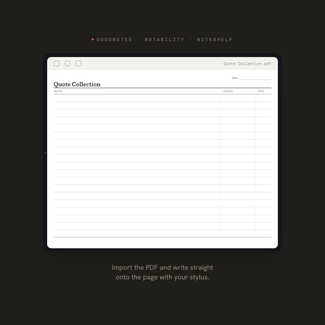 Quote Collection Planner Insert | Reading Log | GoodNotes iPad PDF | Digital Download