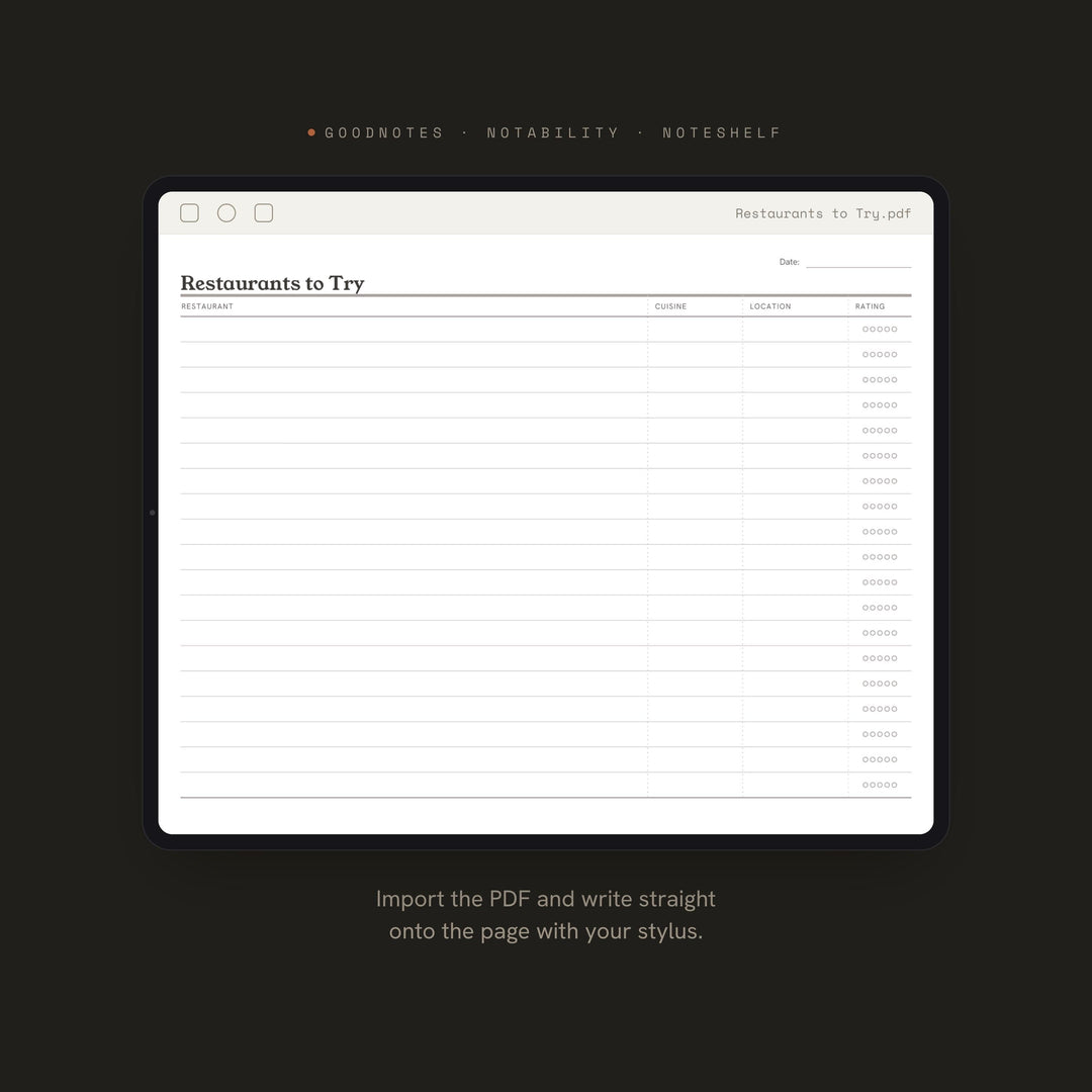 Restaurants to Try Planner Insert | Meal Planner | GoodNotes iPad PDF | Digital Download