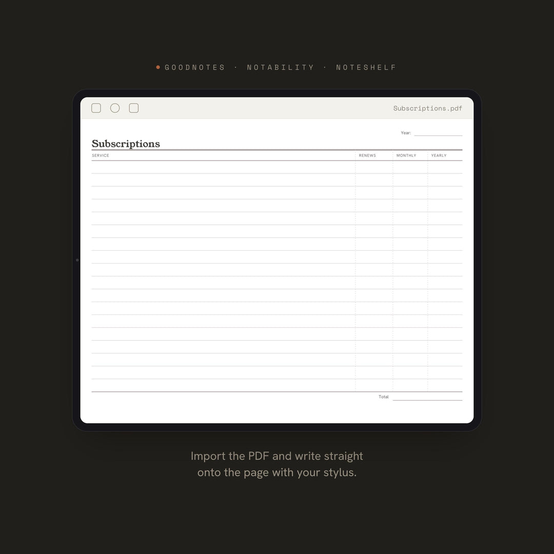 Subscriptions Planner Insert | Budget Planner | GoodNotes iPad PDF | Digital Download