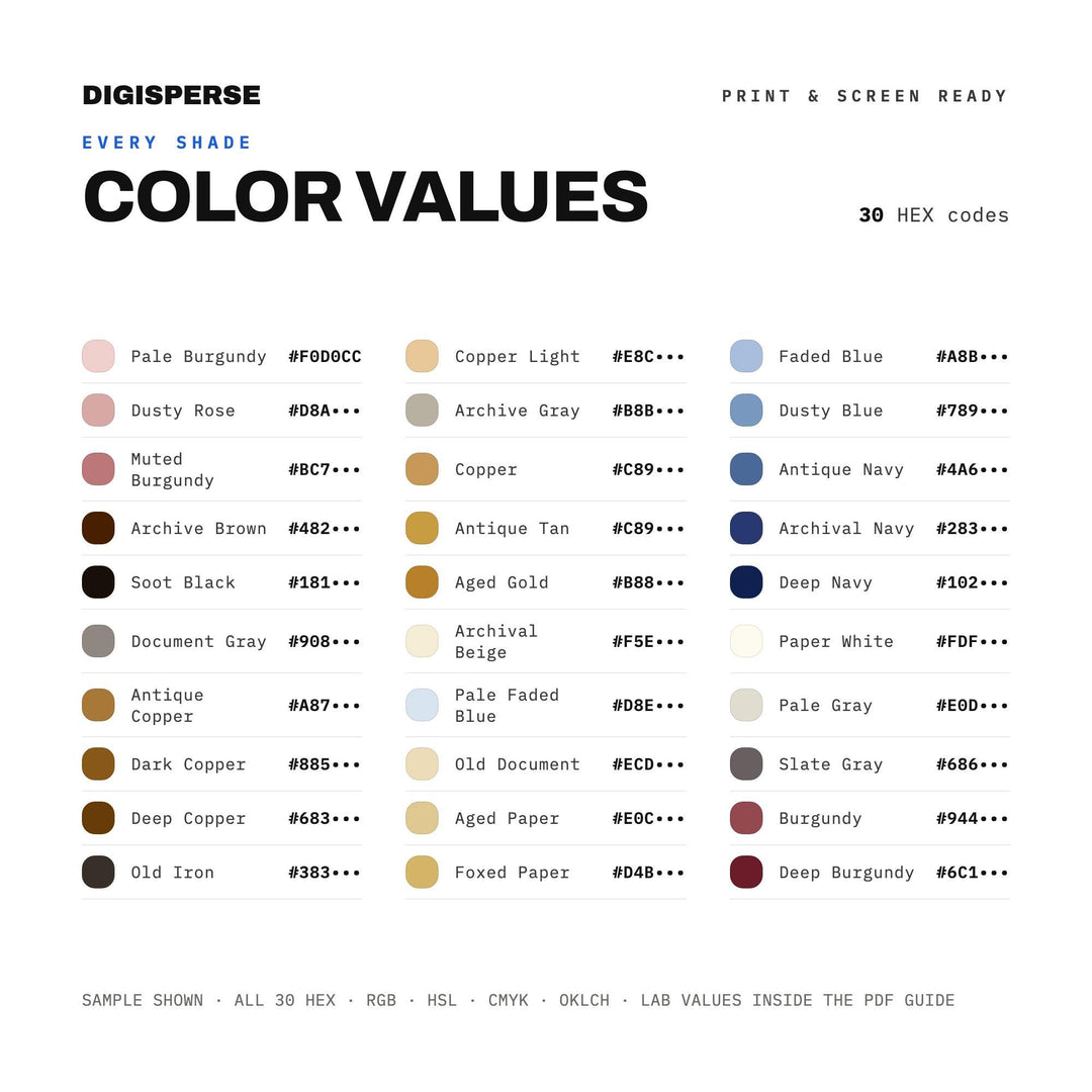 Americas Time Capsule Color Palette | 30 Colors | Hex RGB CMYK | Procreate Swatches + ASE | Digital Download