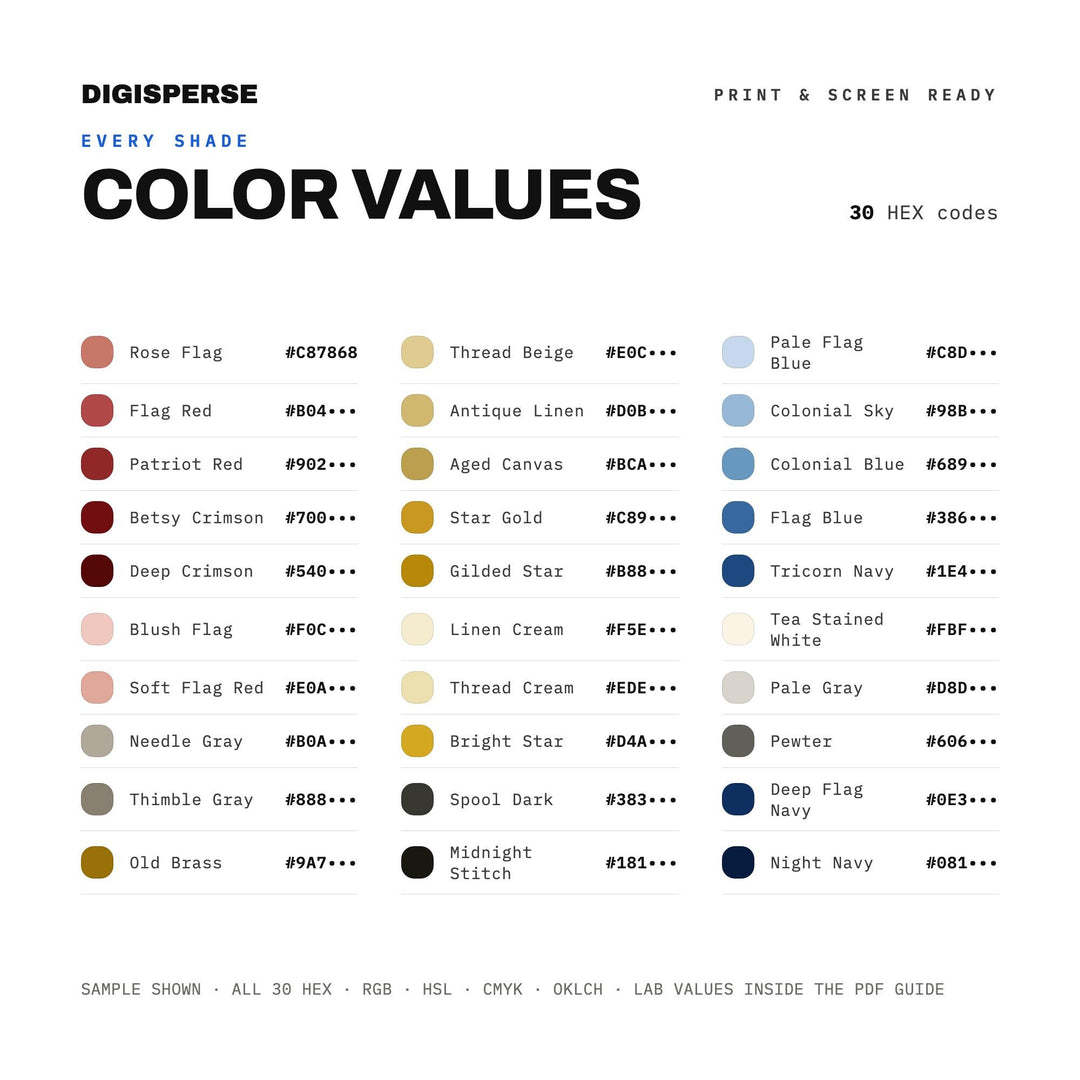 Betsy Ross Reimagined Color Palette | 30 Colors | Hex RGB CMYK | Procreate Swatches + ASE | Digital Download