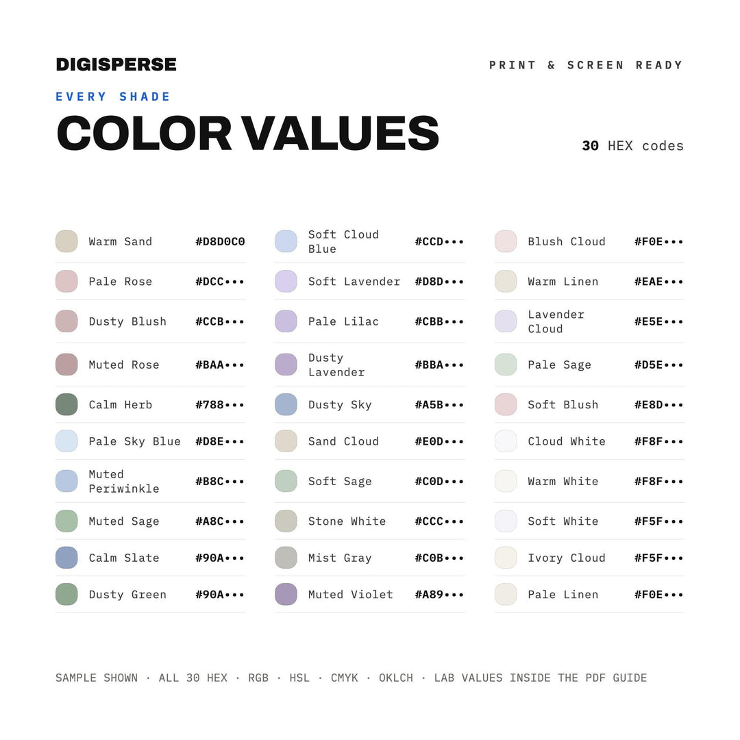 Cloud Dancer Minimal Summer Color Palette | 30 Colors | Hex RGB CMYK | Procreate Swatches + ASE | Digital Download