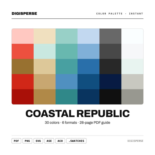 Coastal Republic Color Palette | 30 Colors | Hex RGB CMYK | Procreate Swatches + ASE | Digital Download