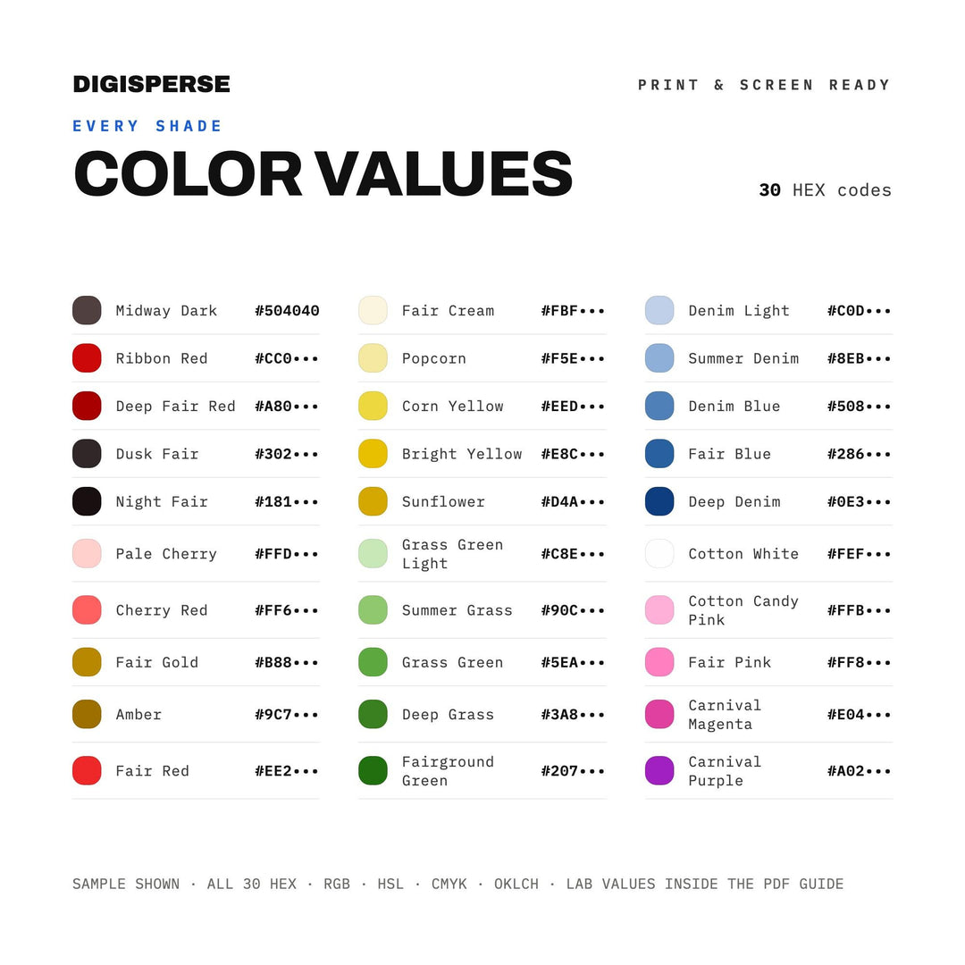 County Fair Freedom Color Palette | 30 Colors | Hex RGB CMYK | Procreate Swatches + ASE | Digital Download