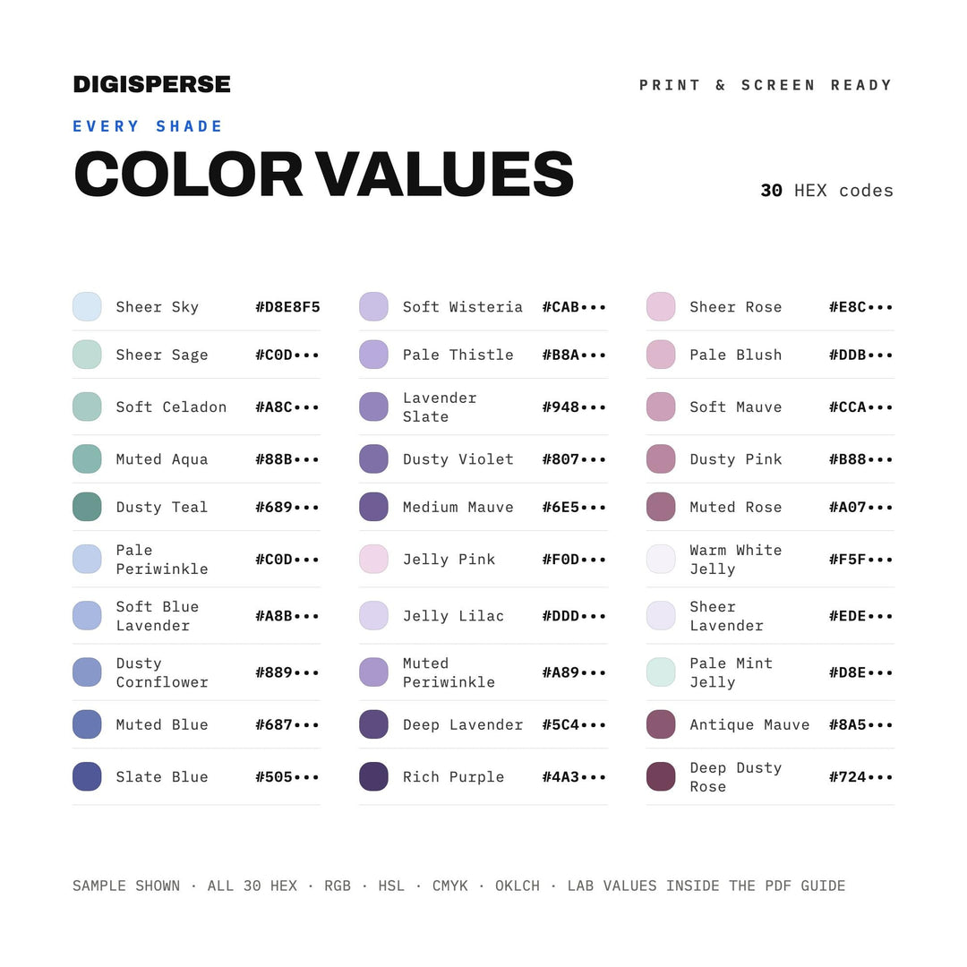Lavender Jelly Color Palette | 30 Colors | Hex RGB CMYK | Procreate Swatches + ASE | Digital Download