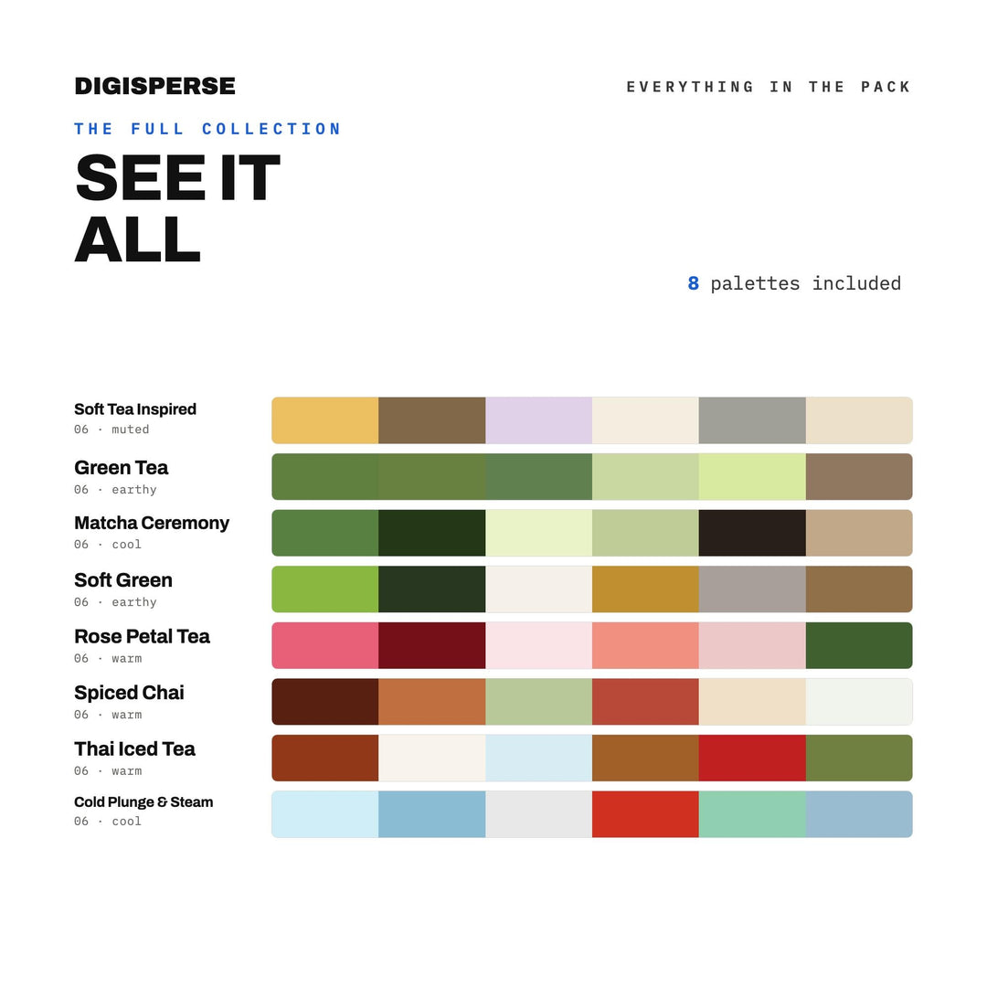 Tea Color Scheme Collection, 8 Ceremony Calm Palettes for Tea House Branding, Wellness Studio Decor and Mindful Stationery