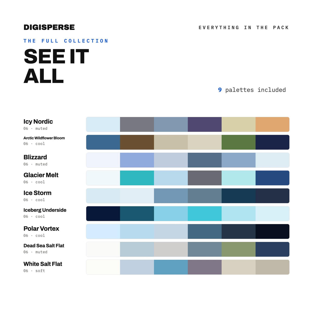 Arctic Color Palette Collection, 9 Frozen North Schemes for Winter Branding, Polar Wildlife Art and Ice Hotel Event Design