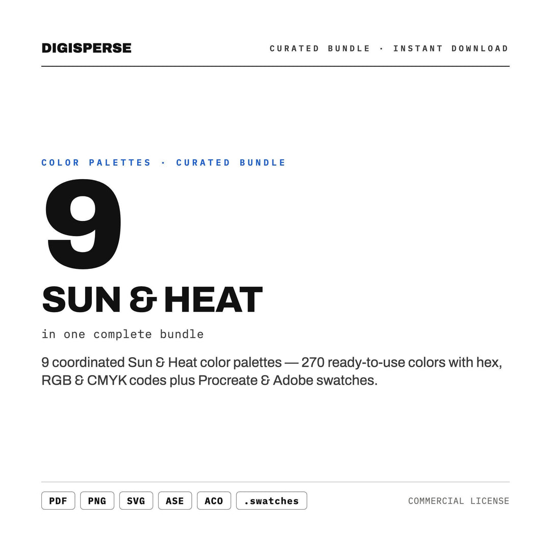 Desert Sun Color Palette Pack, 9 Heatwave Schemes for Summer Campaigns, Hot Sauce Labels and Bold Festival Poster Design