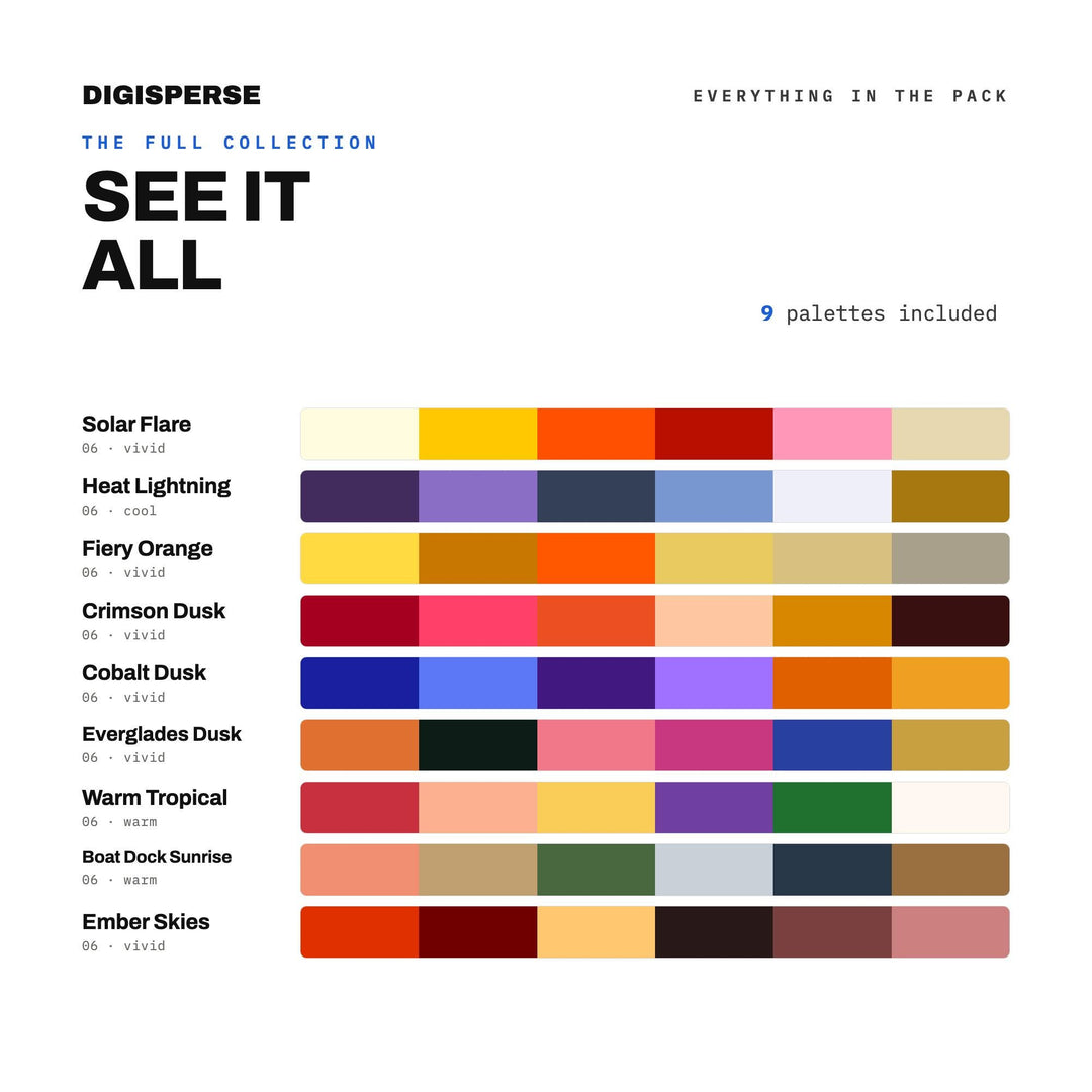 Desert Sun Color Palette Pack, 9 Heatwave Schemes for Summer Campaigns, Hot Sauce Labels and Bold Festival Poster Design