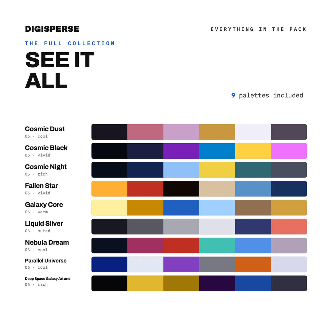 Galaxy Color Palette Collection, 9 Deep Space Schemes for Sci Fi Book Covers, Planetarium Posters and Cosmic Nursery Design