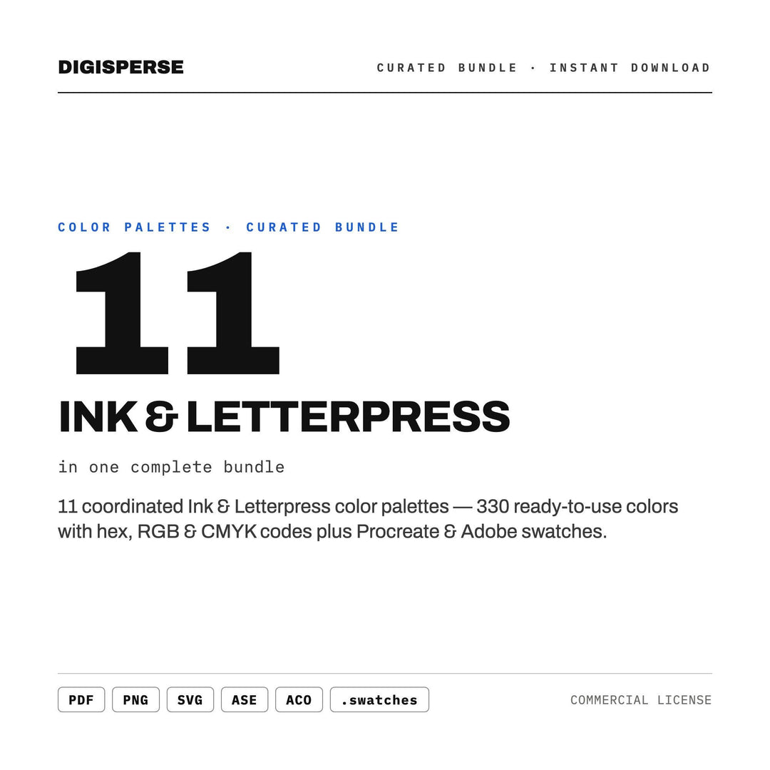 Print Shop Color Palette Set, 11 Ink and Letterpress Schemes for Stationery Brands, Wedding Invites and Editorial Design