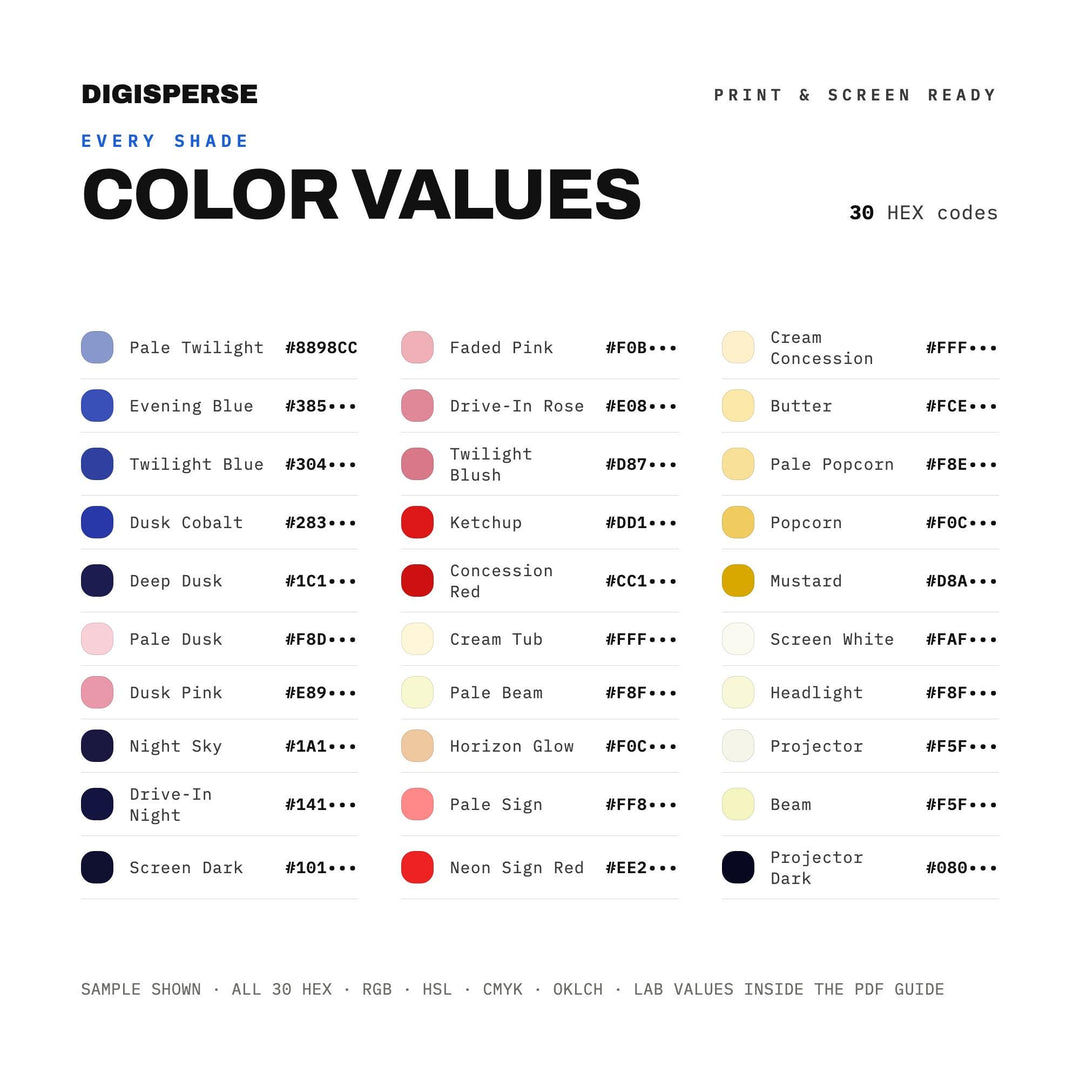 Drive-In Movie Color Palette | 30 Hex RGB CMYK Colors (Digital Download)