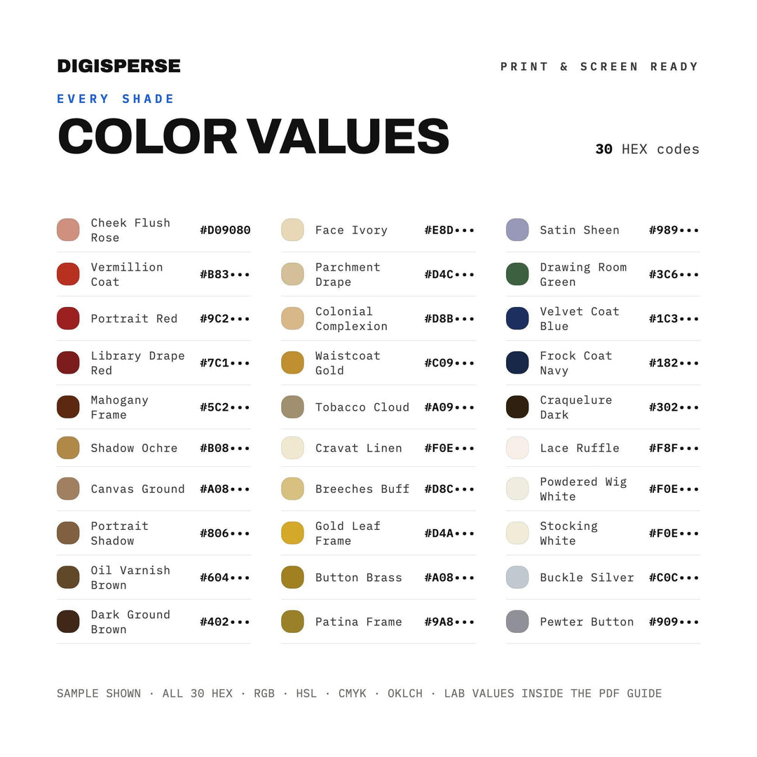 Founding Era Portrait Color Palette | 30 Colors | Hex RGB CMYK | Procreate Swatches + ASE | Digital Download