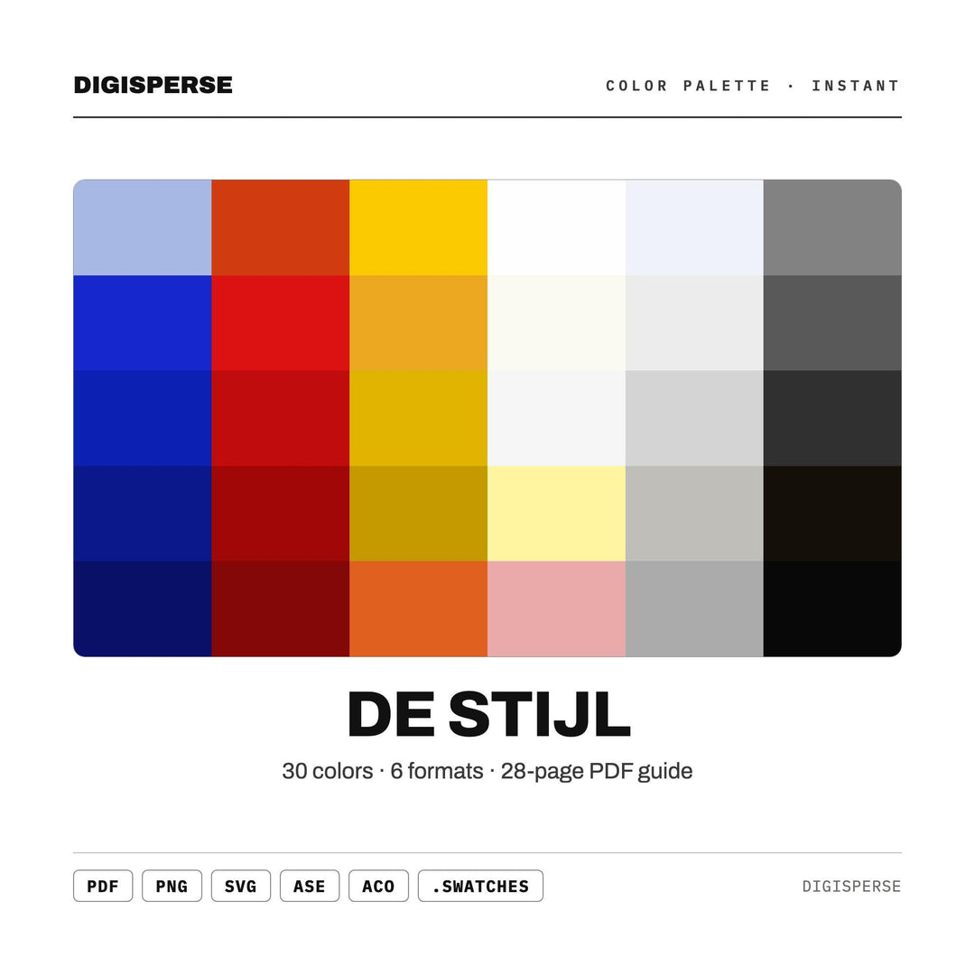 Bold Primary Color Palette for Modern Art Prints and Bauhaus Style Design, 30 De Stijl Mondrian Hues, Procreate Swatches, Hex Codes