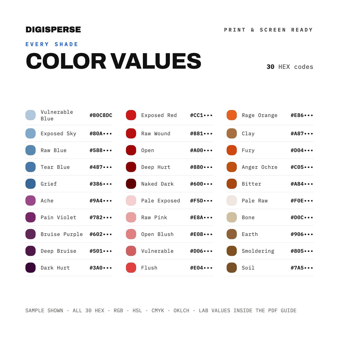 Raw Emotion Color Palette | 30 Hex RGB CMYK Swatches (Digital Download)