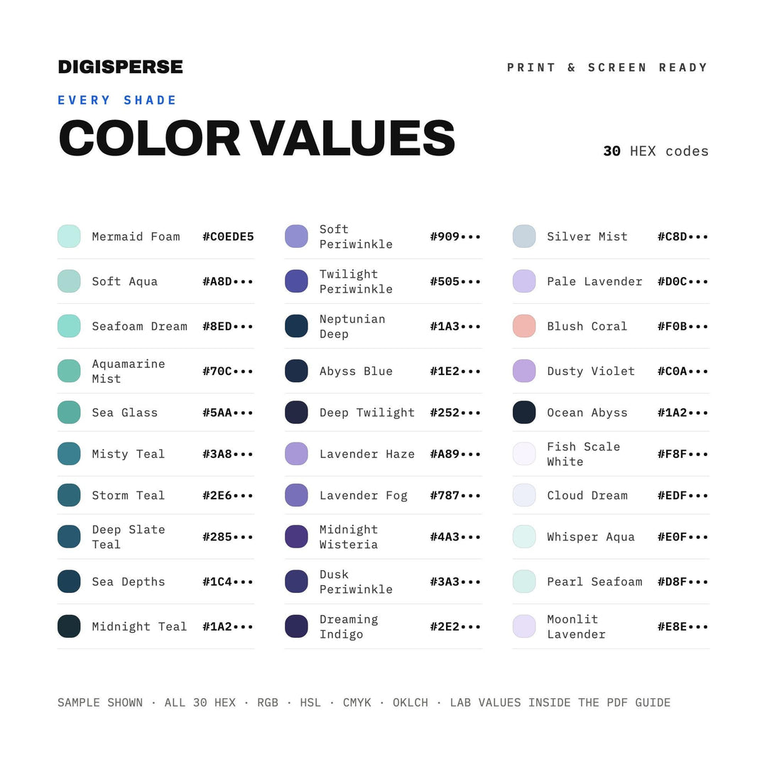 Pisces Dreamscape Color Palette | 30 Colors | Hex RGB CMYK | Procreate Swatches + ASE | Digital Download