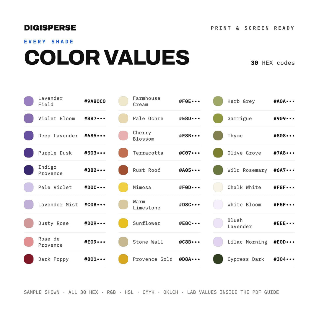 Provençal Lavender Color Palette | 30 Colors | Hex RGB CMYK | Color Guide | Procreate Swatches + ASE | Digital Download