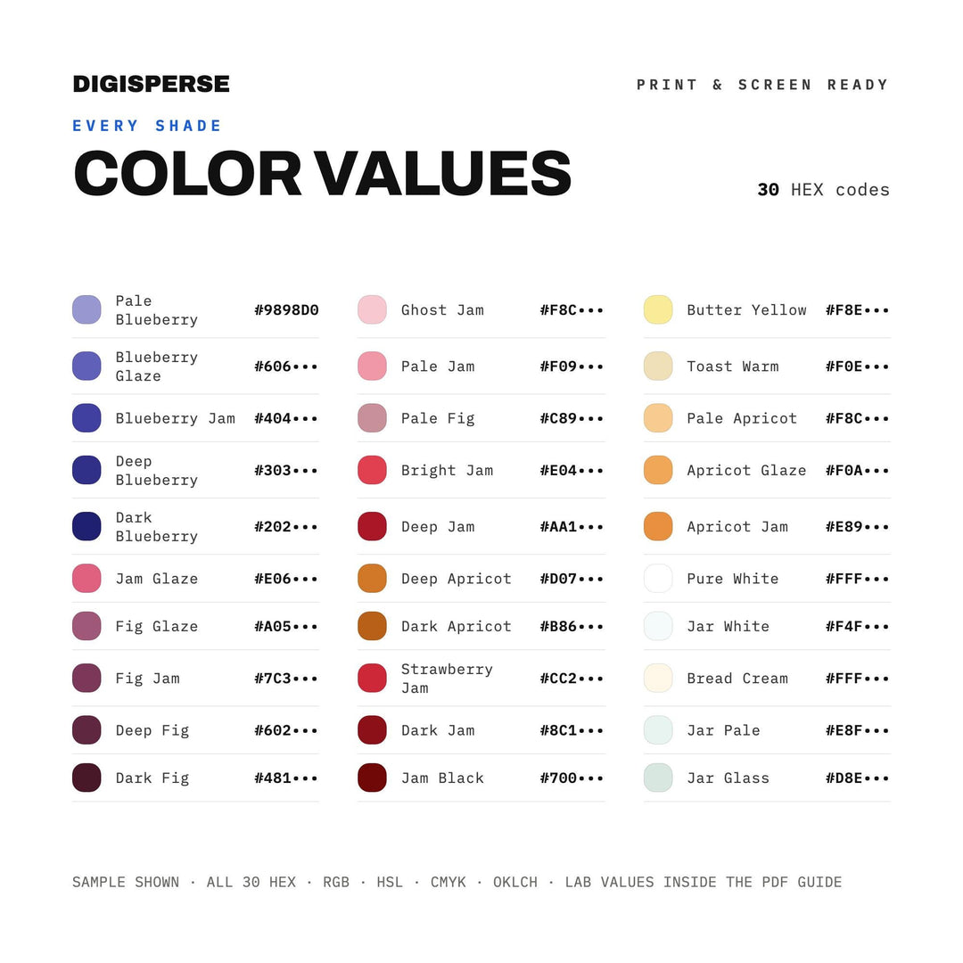 Jammy Preserve Color Palette | 30 Procreate Swatches, Hex, RGB, CMYK (Digital Download)