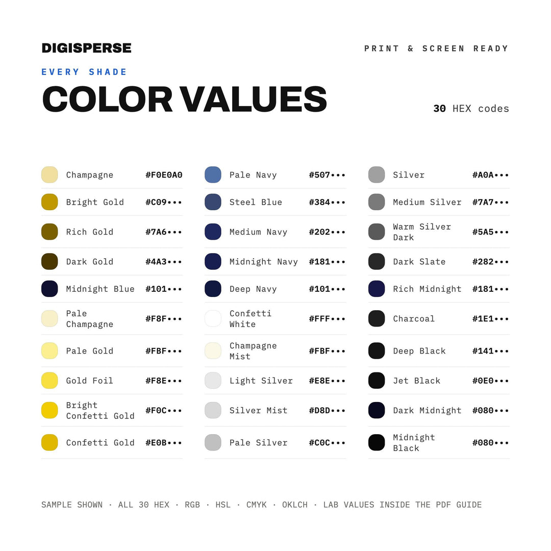 Sparkling Gold Color Palette for New Year Party Art and Festive Branding, 30 Confetti Glam Hues, Procreate Swatches