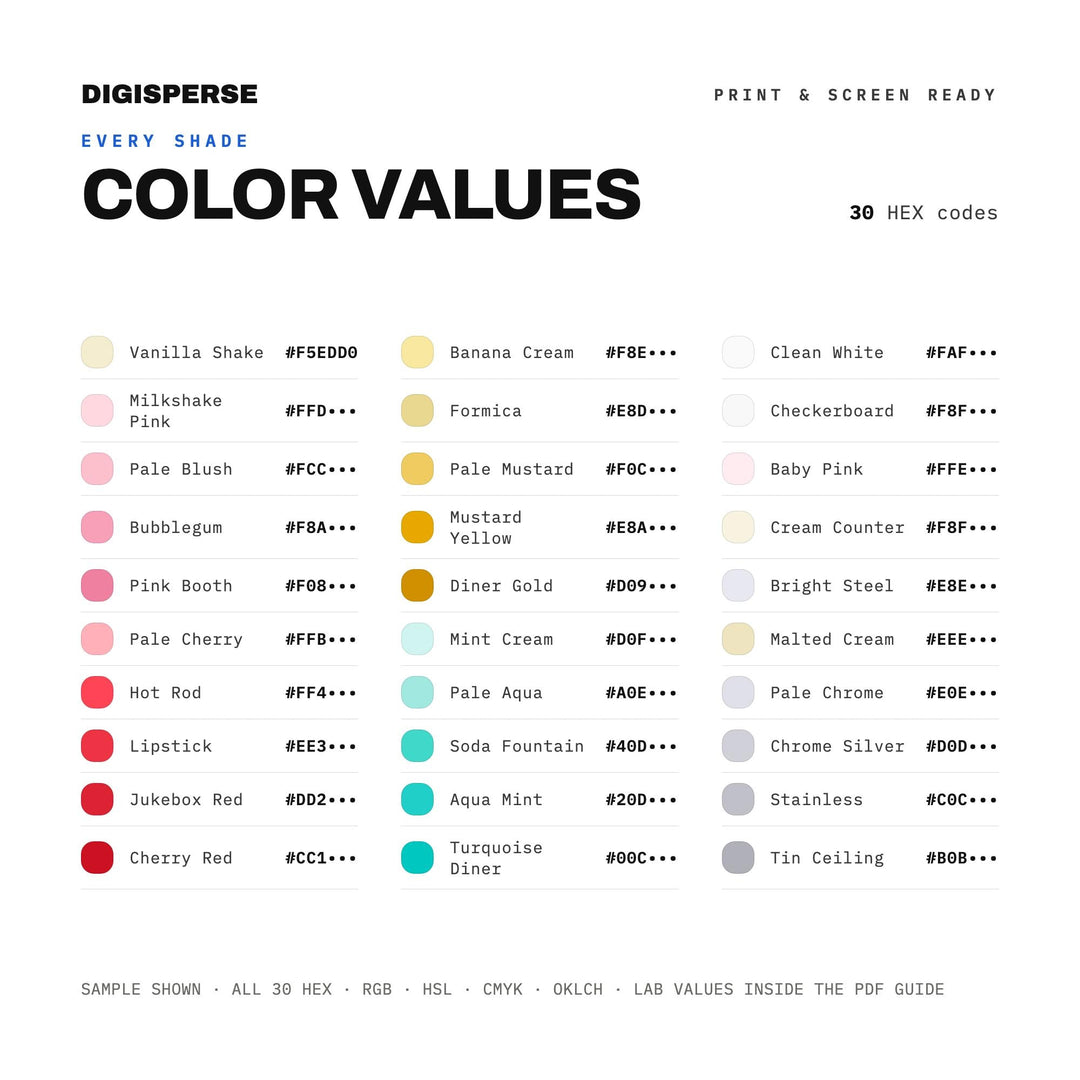1950s Diner Color Palette | 30 Retro Americana Swatches (Digital Download)