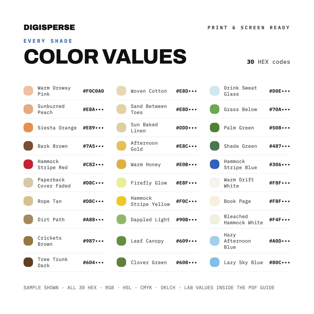 Hammock Siesta Color Palette | 30 Colors | Hex RGB CMYK | Procreate Swatches + ASE | Digital Download