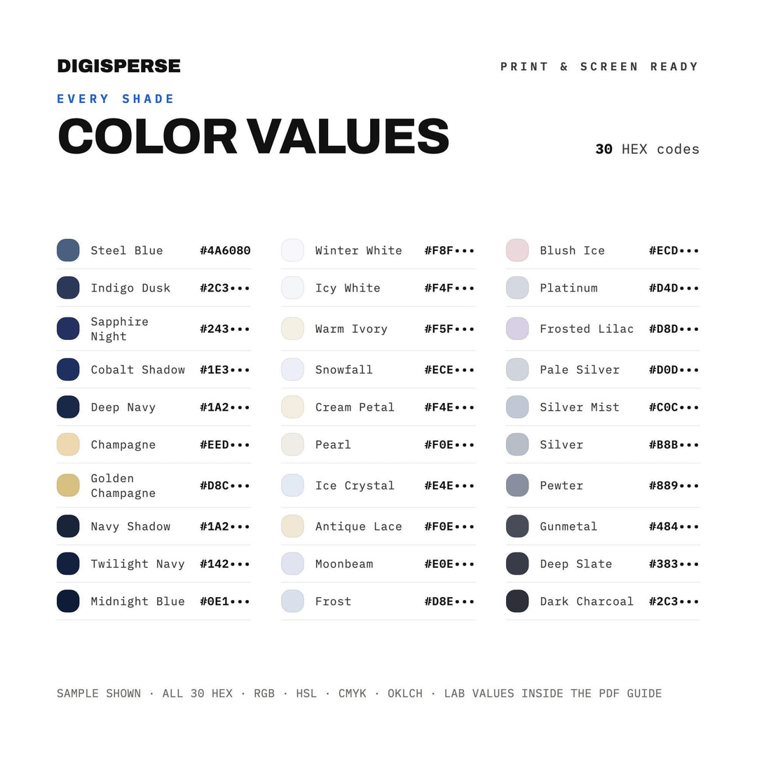 Icy Elegant Color Palette for Winter Wedding Art and Luxe Branding, 30 Frosted White Hues, Procreate Swatches