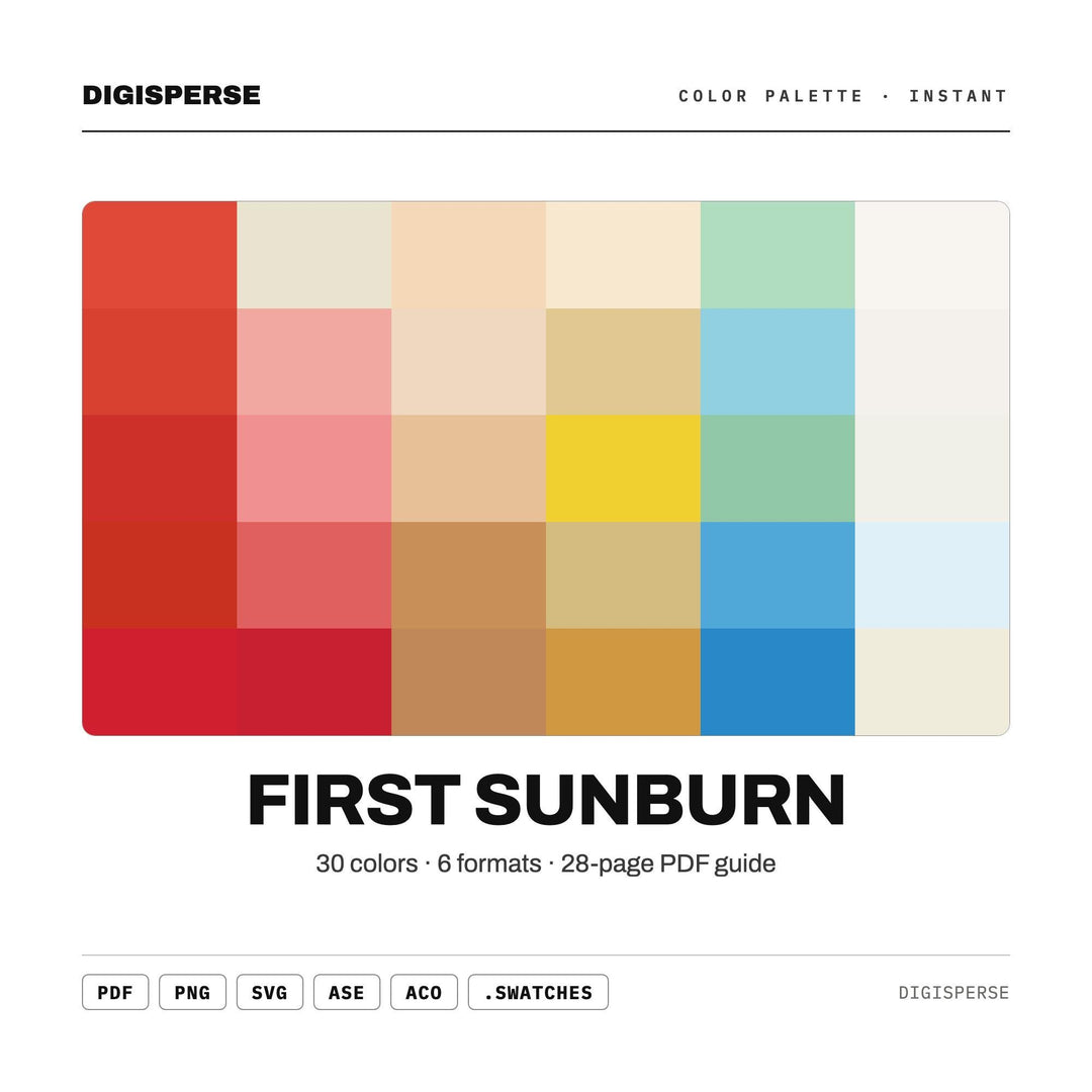 First Sunburn Color Palette | 30 Colors | Hex RGB CMYK | Procreate Swatches + ASE | Digital Download