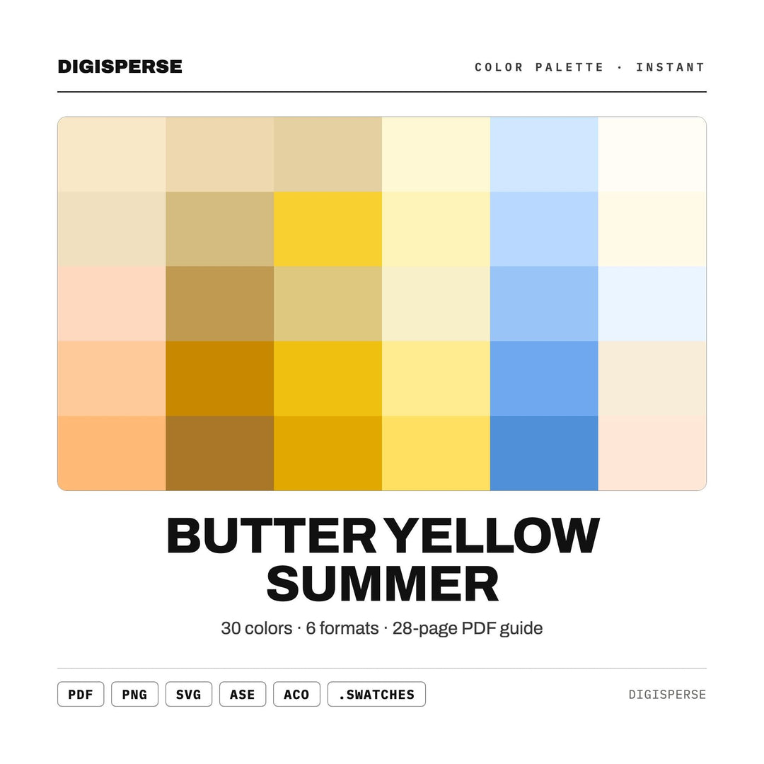 Butter Yellow Summer Color Palette | 30 Colors | Hex RGB CMYK | Procreate Swatches + ASE | Digital Download