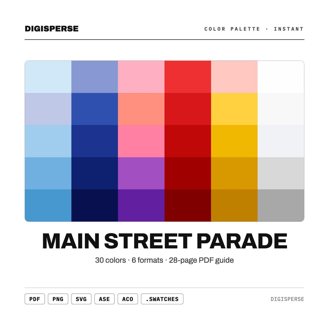 Main Street Parade Color Palette | 30 Colors | Hex RGB CMYK | Procreate Swatches + ASE | Digital Download