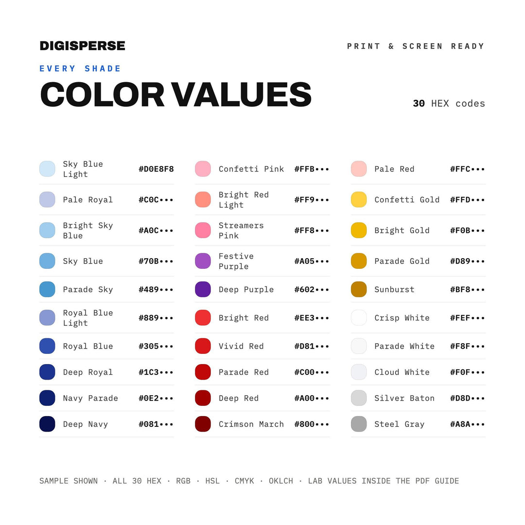 Main Street Parade Color Palette | 30 Colors | Hex RGB CMYK | Procreate Swatches + ASE | Digital Download