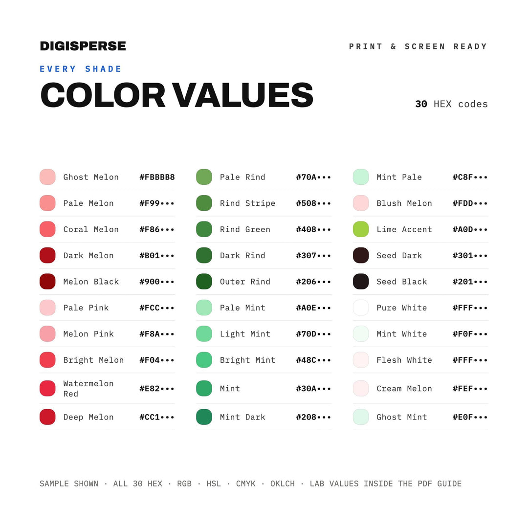 Watermelon Mint Color Palette | 30 Procreate Swatches, HEX, RGB, CMYK (Digital Download)